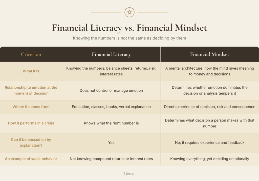 Table comparing financial literacy and financial mindset across six criteria, from what each is to how it performs in a crisis