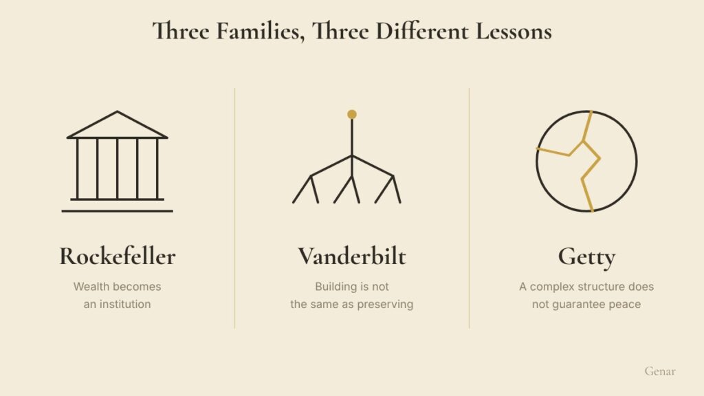 Three line icons side by side: a columned building for Rockefeller, a branching tree for Vanderbilt and a cracked circle for Getty