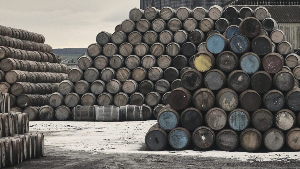 Stacked wooden whisky casks in a pyramid, some with blue or yellow heads, on snowy ground